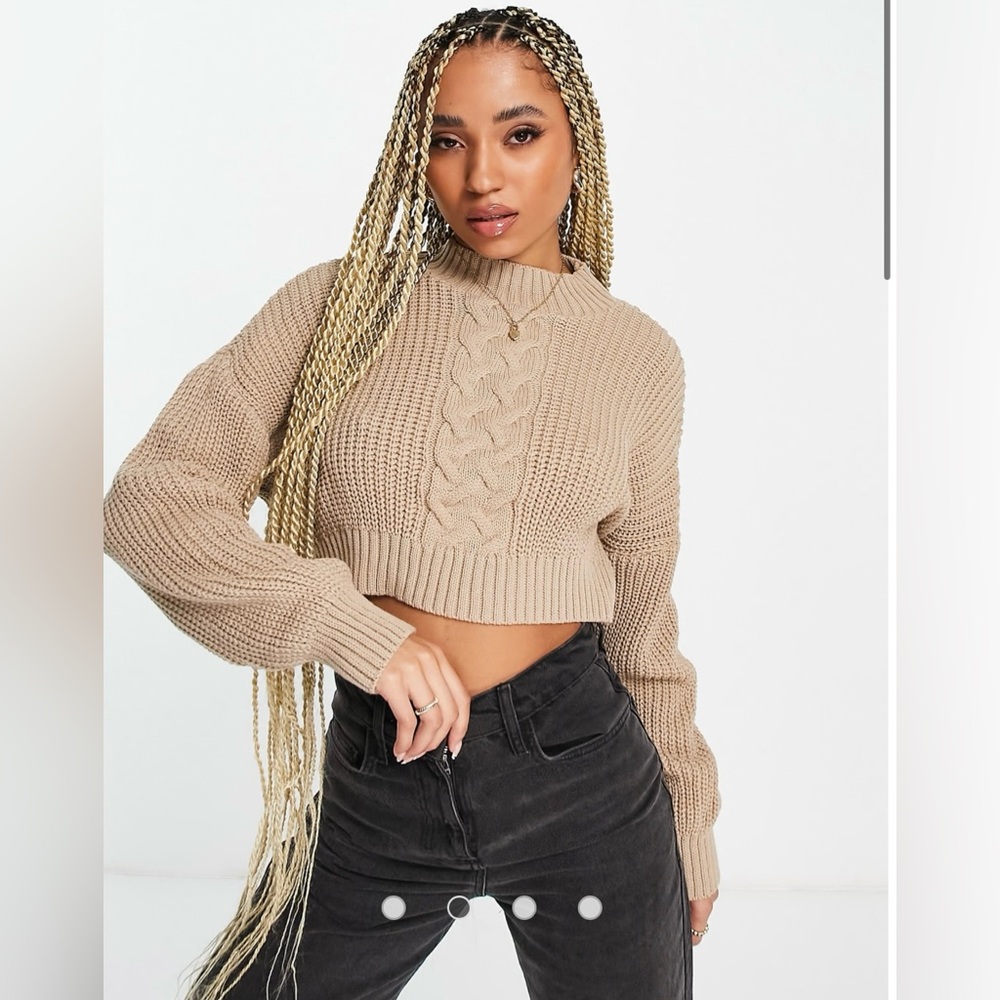 MISSGUIDED Tan Camel Cable Knit Cropped Crewneck Long-Sleeve Sweater Shirt Top S